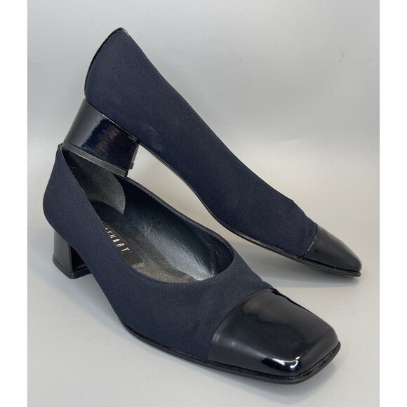 Vtg 90s Stuart Weitzman Square Toe Block Heels Pumps Womens 6.5 Navy Slip On - Picture 2 of 12